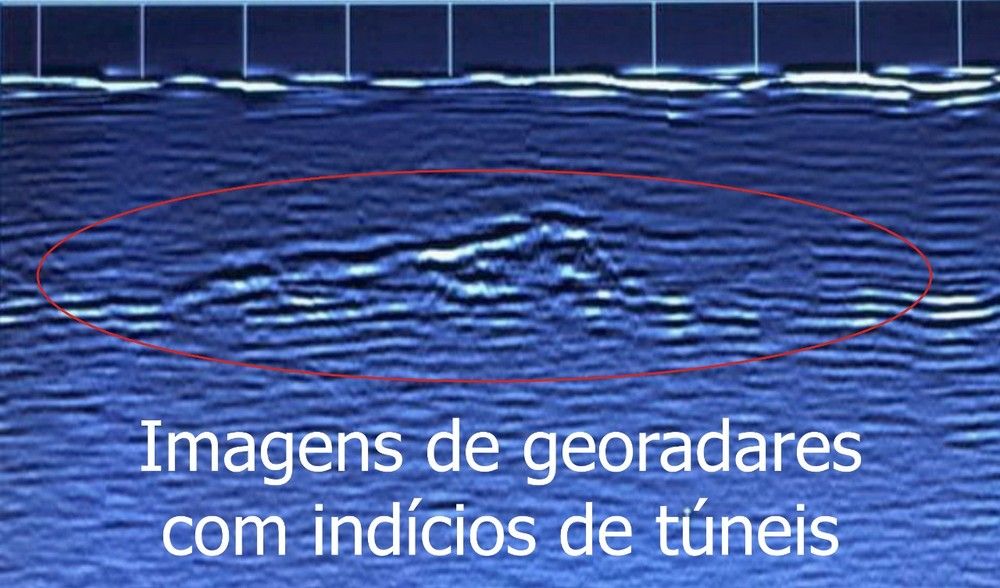 Grupo de ge&oacute;logos da UFRGS estudou a regi&atilde;o onde o t&uacute;nel passaria, e encontrou vazios, que podem sinalizar presen&ccedil;a da estrutura &mdash; Foto: Reprodu&ccedil;&atilde;o