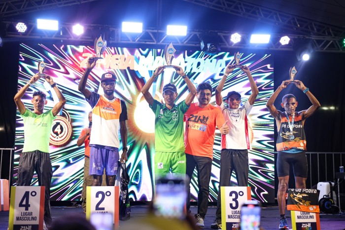 Vencedores da categorial geral masculino 21km: 1º Justino Pedro da Silva. 2º Pablo Fagundes da Costa. 3º Athilla Cavalcante Telles. 4º Jose Maria Arruda de Almeida. 5º Antônio Francisco Silva Costa - Fotógrafo:Regiane Rocha/Secom Palmas