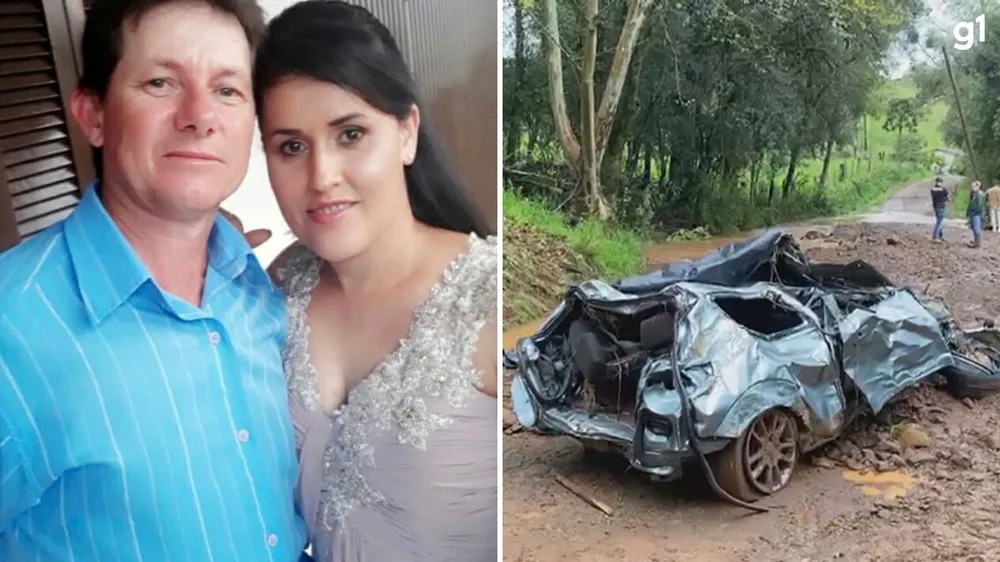 Carro em que estavam Delve Francescatto, de 50 anos, e Ironi de Fátima Godoi Francescatto, de 44 anos, foi destruído pela água — Foto: Reprodução/RBS TV e redes sociais