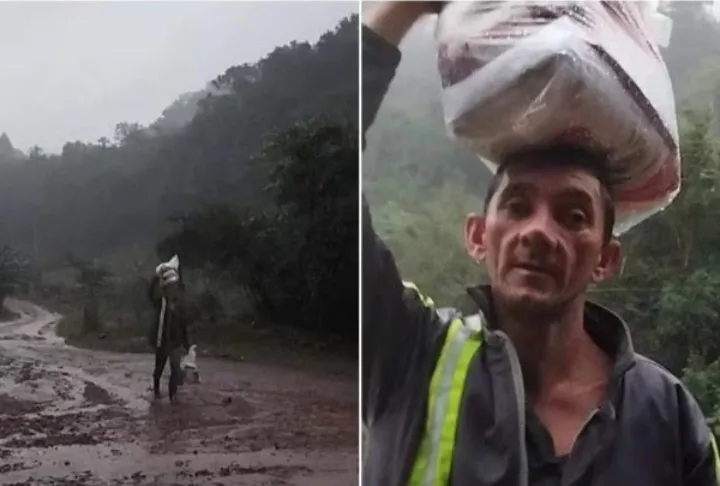 Criança reconhece o esforço do pai por carregar os mantimentos recebidos debaixo de chuva Reprodução/TikTok/@altair.pape