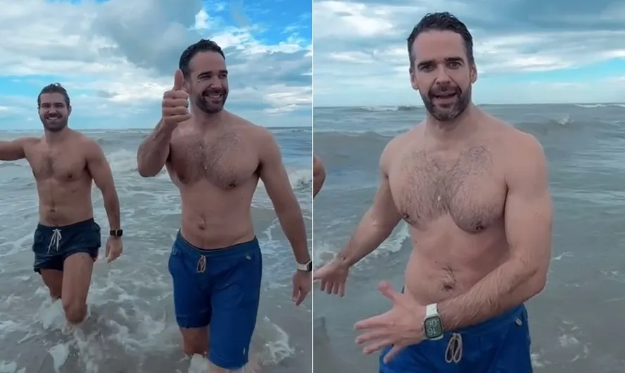 Governador Eduardo Leite pega 'praia geladinha' com o namorado no Rio Grande do Sul — Foto: Reprodução/Instagram