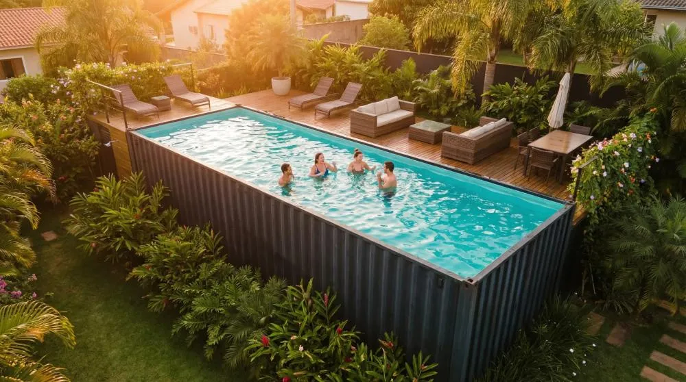 Piscina de container instalada em quintal residencial brasileiro com água cristalina e deck moderno ao redor da estrutura - Foto: Divulgação