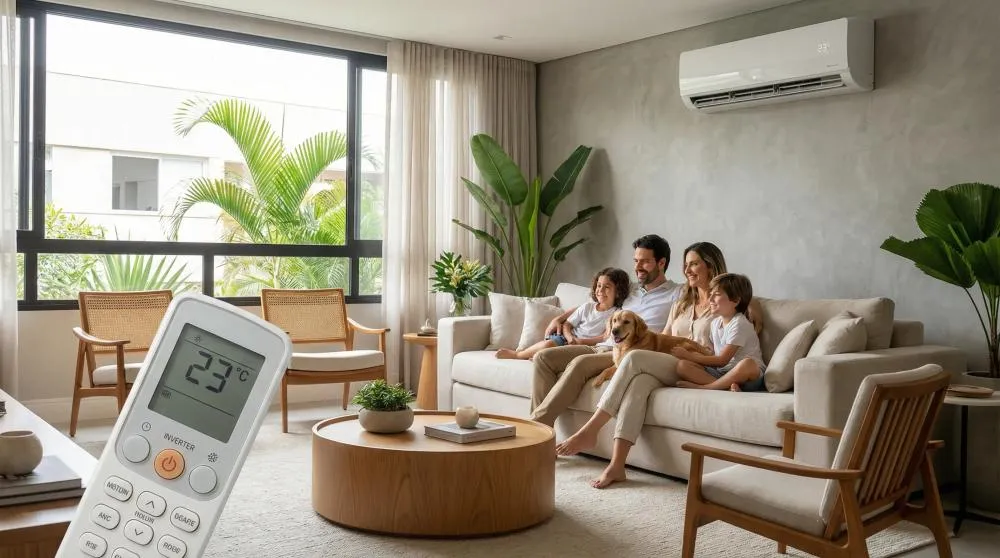 Ar condicionado inverter instalado em sala residencial brasileira com família aproveitando temperatura agradável