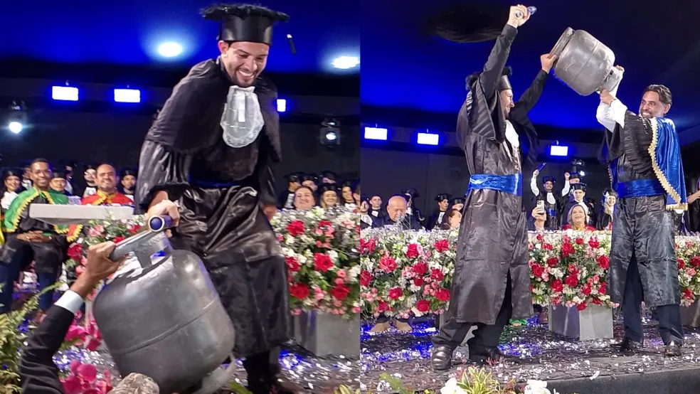 Estudante que vendeu gás para pagar faculdade de engenharia entra com botijão em formatura — Foto: Reprodução