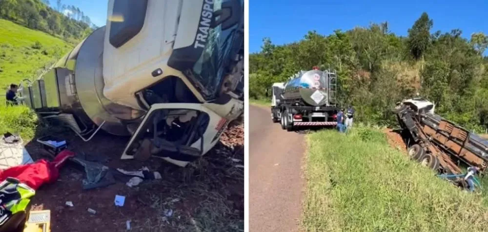 Caminhão carregado de leite tomba na RSC-472 entre Tenente Portela e Palmitinho
