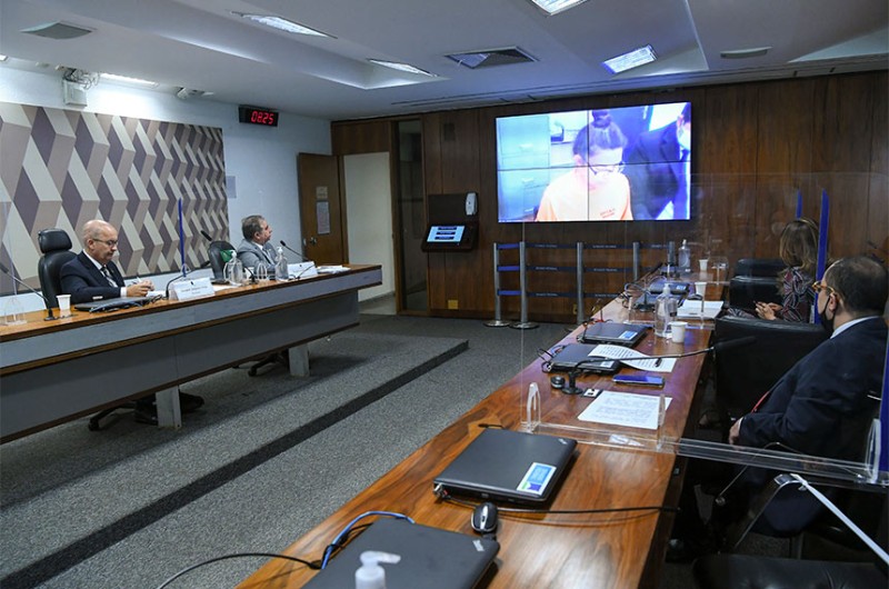 O presidente da CPI, Jorginho Mello, e o relator, Izalci Lucas, ouvem por videoconferência a controladora de voo Celia Monasterio. À direita, os senadores Jorge Kajuru e Leila Barros