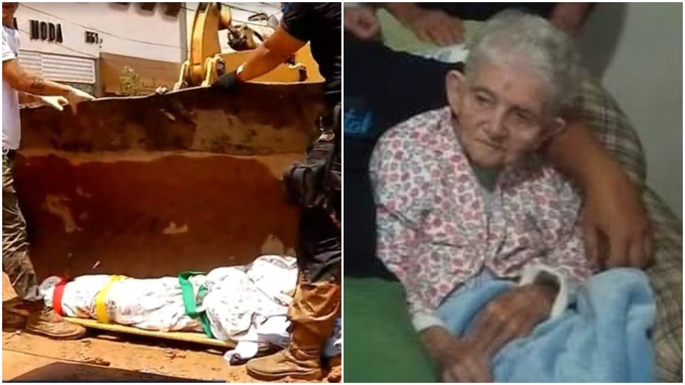 Dona Erondina foi retirada de casa em uma retroescavadeira após temporal em Petrópolis — Foto: Reprodução/TV Globo e Acervo pessoal