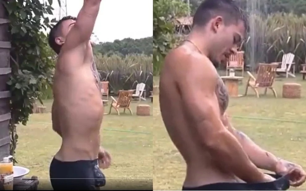 Thomaz Costa precisou tomar banho ao ar livre porque está dormindo na baia em A Fazenda 2022
