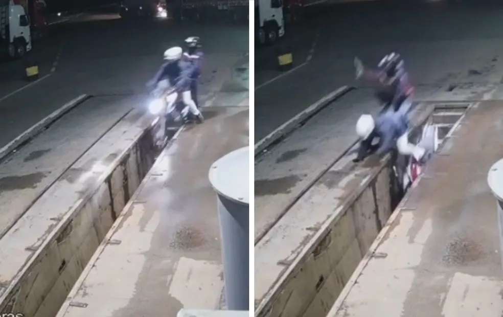 Câmera de segurança flagra bandidos caindo em buraco após tentarem fugir de posto
