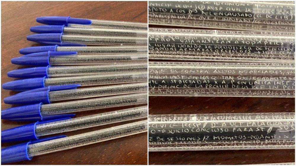 [NÃO PEGAR]Aluno escreve cola microscópica em canetas e é flagrado por professora (Foto: Reprodução - Twitter)