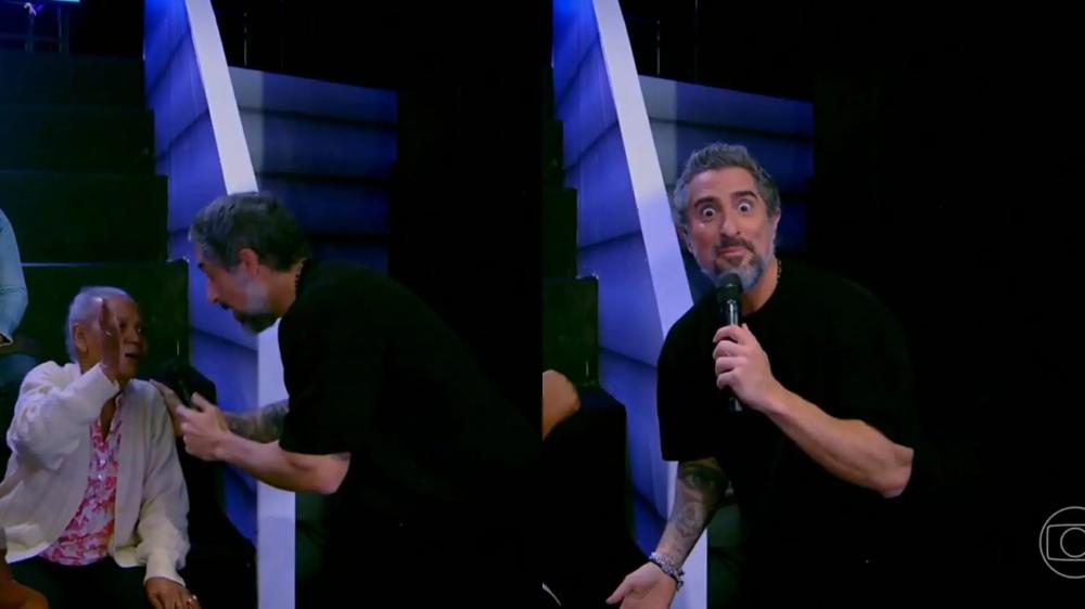 Marcos Mion com idosa da plateia do Caldeirão com Mion