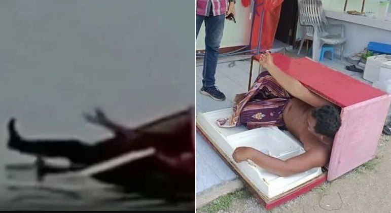 Pescador foi encontrado dentro de geladeira no meio do oceano MONTAGEM/R7, COM REPRODUÇÃO/THETHAIGER.COM (VIA DAILY STAR)