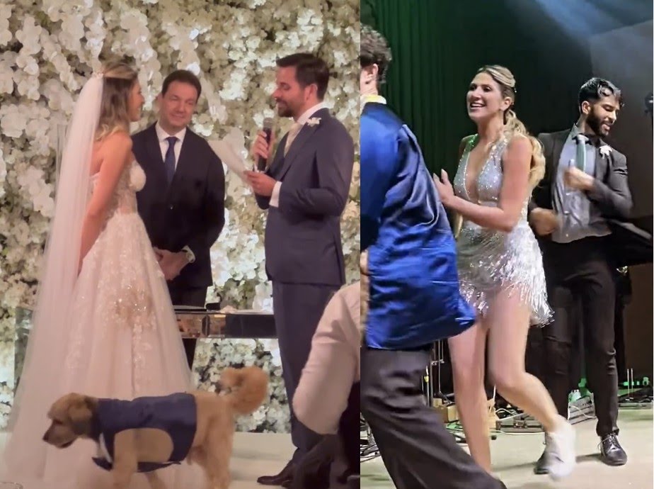 Cachorro de Dani Calabresa e Richard Neumann no altar e a humorista com roupa diferente no show do É o Tchan Reprodução/Instagram