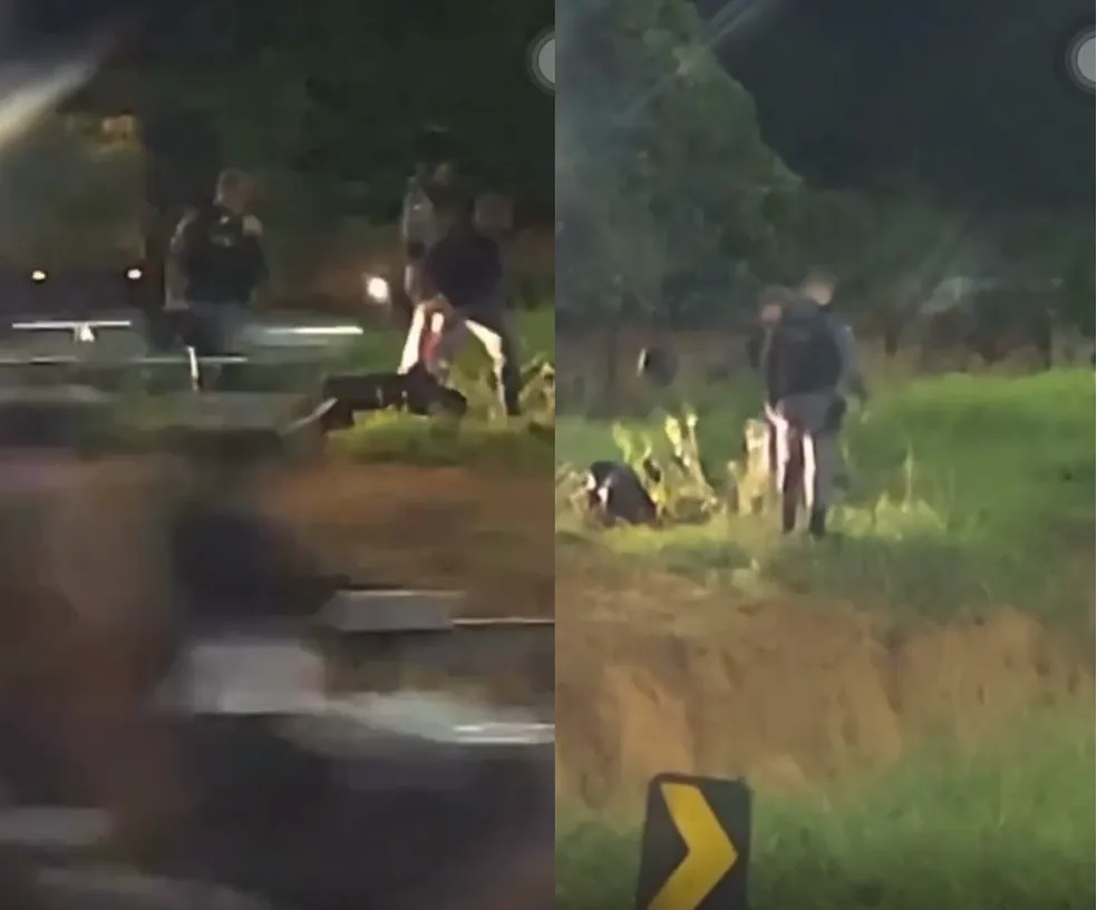 Imagens registraram momento em que policiais militares jogam motociclista em vala. — Foto: Reprodução